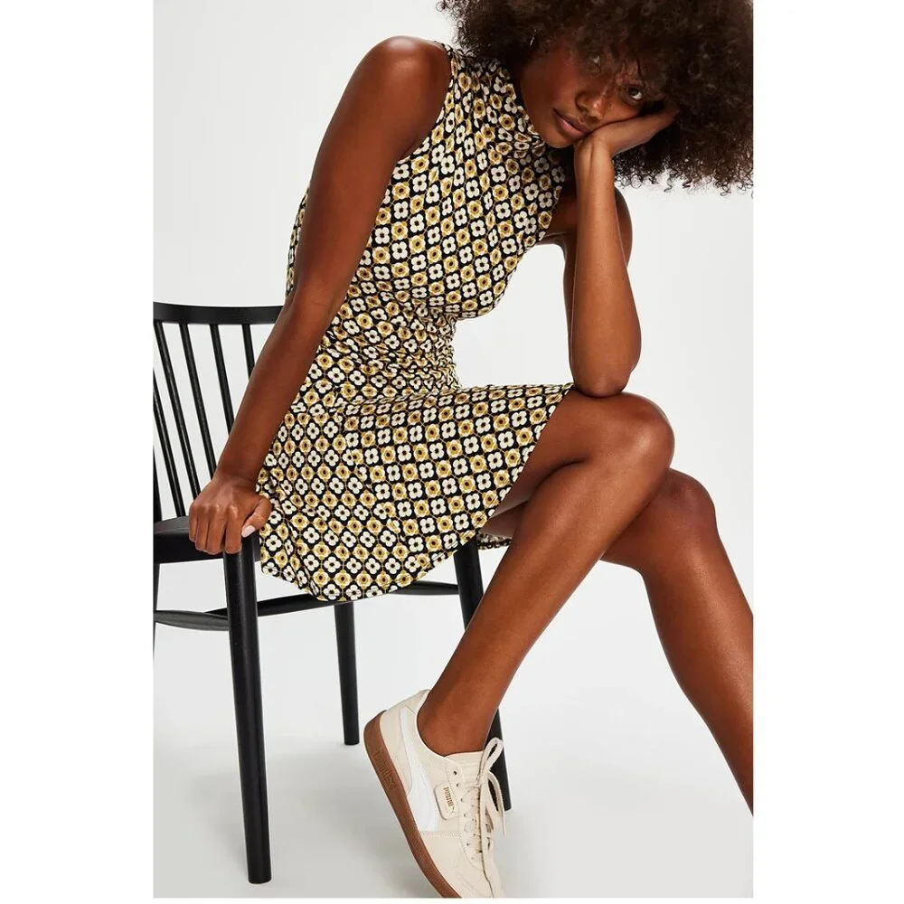 NEW Free People Check It Mini Dress Black Combo Geo Floral Gold Beige Cream